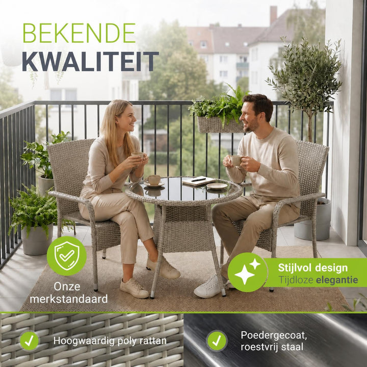 Ronde wicker tuintafel Yoro – zwart, met glazen tafelblad
