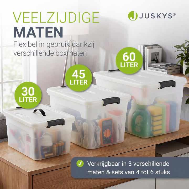 Opbergbox met deksel 30 liter – set van 4, stapelbaar
