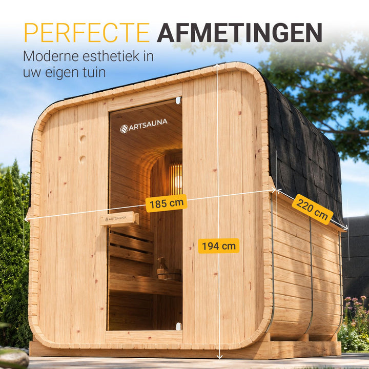 Barrelsauna Nolvik – vierkant, vurenhout, 3,6 kW saunakachel