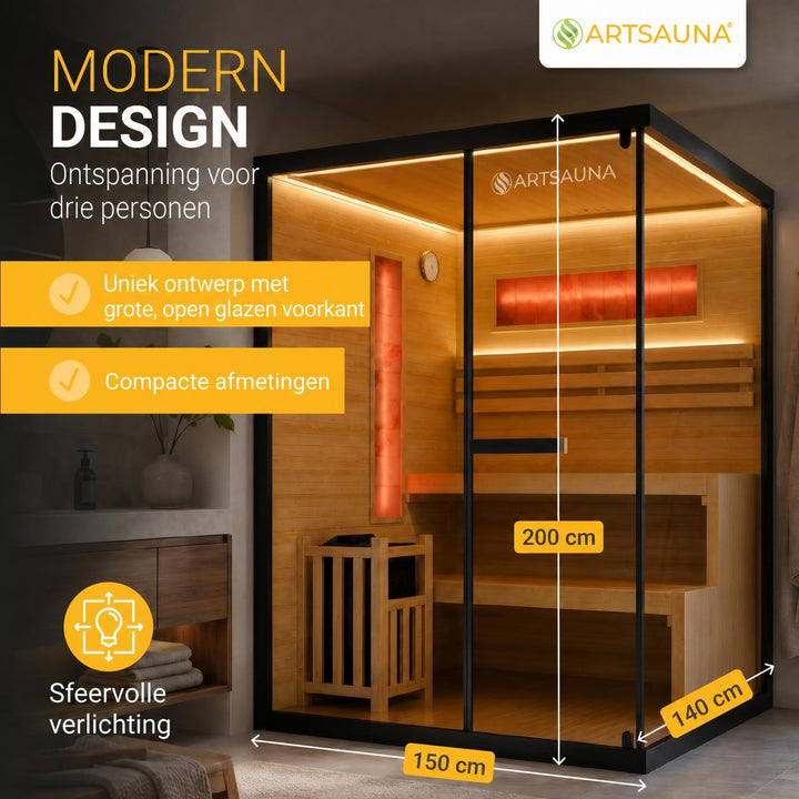 Finse sauna Vantaa – zwart hemlockhout, met kachel en zoutstenen
