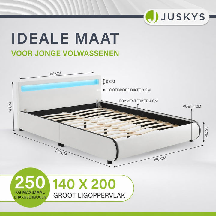 Gestoffeerd bed Sevilla 140x200 cm – wit, met LED-verlichting