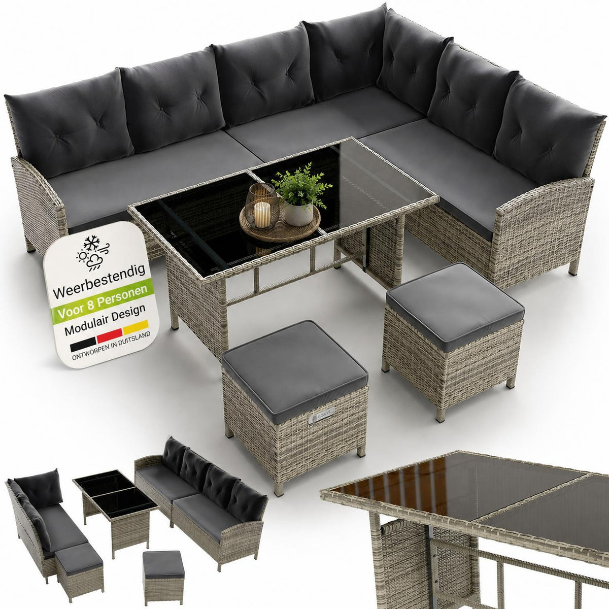 Wicker loungeset Manacor – 8 personen, hoekbank met 2 krukken