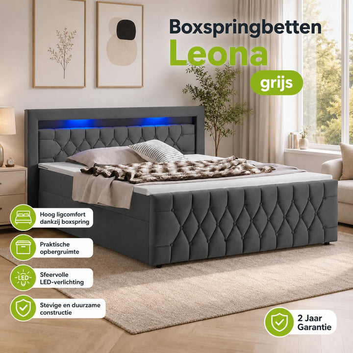 Boxspring Leona – fluweel, H4-binnenvering, topper en ledlicht