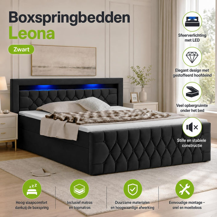 Boxspring Leona – fluweel, H4-binnenvering, topper en ledlicht