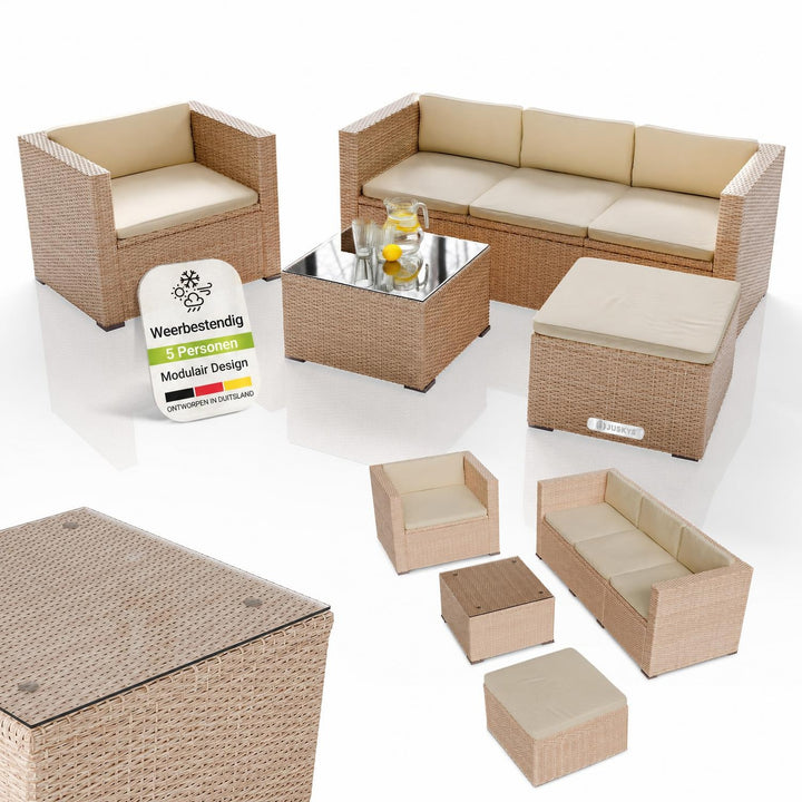 Wicker loungeset Punta Cana – 3 personen, bank met glazen tafel