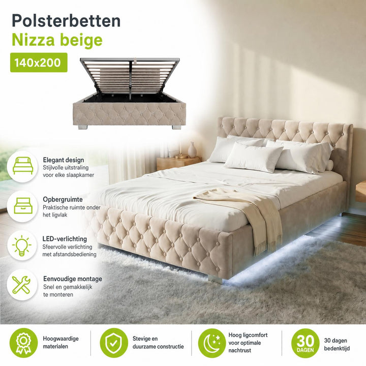 Gestoffeerd bed Nizza 120x200 cm – fluweel met LED en bedlade