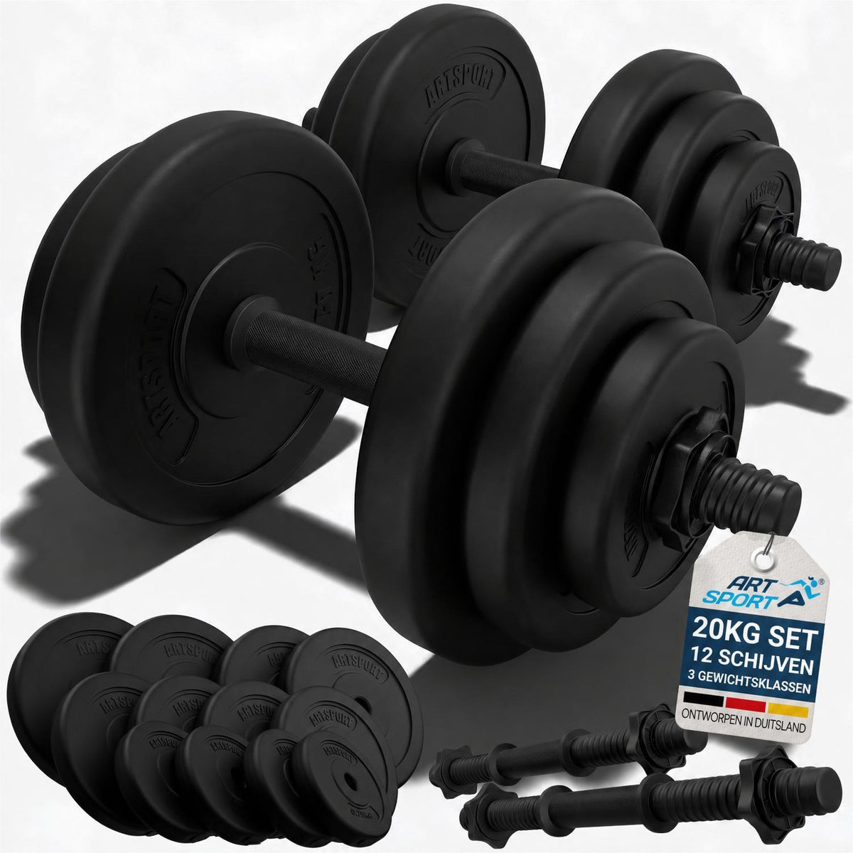 Dumbbellset 20 kg – 2 stangen en 12 gewichtsschijven, verstelbaar