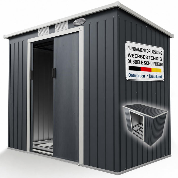 Metalen tuinhuis – verzinkt staal, lessenaarsdak, afsluitbaar