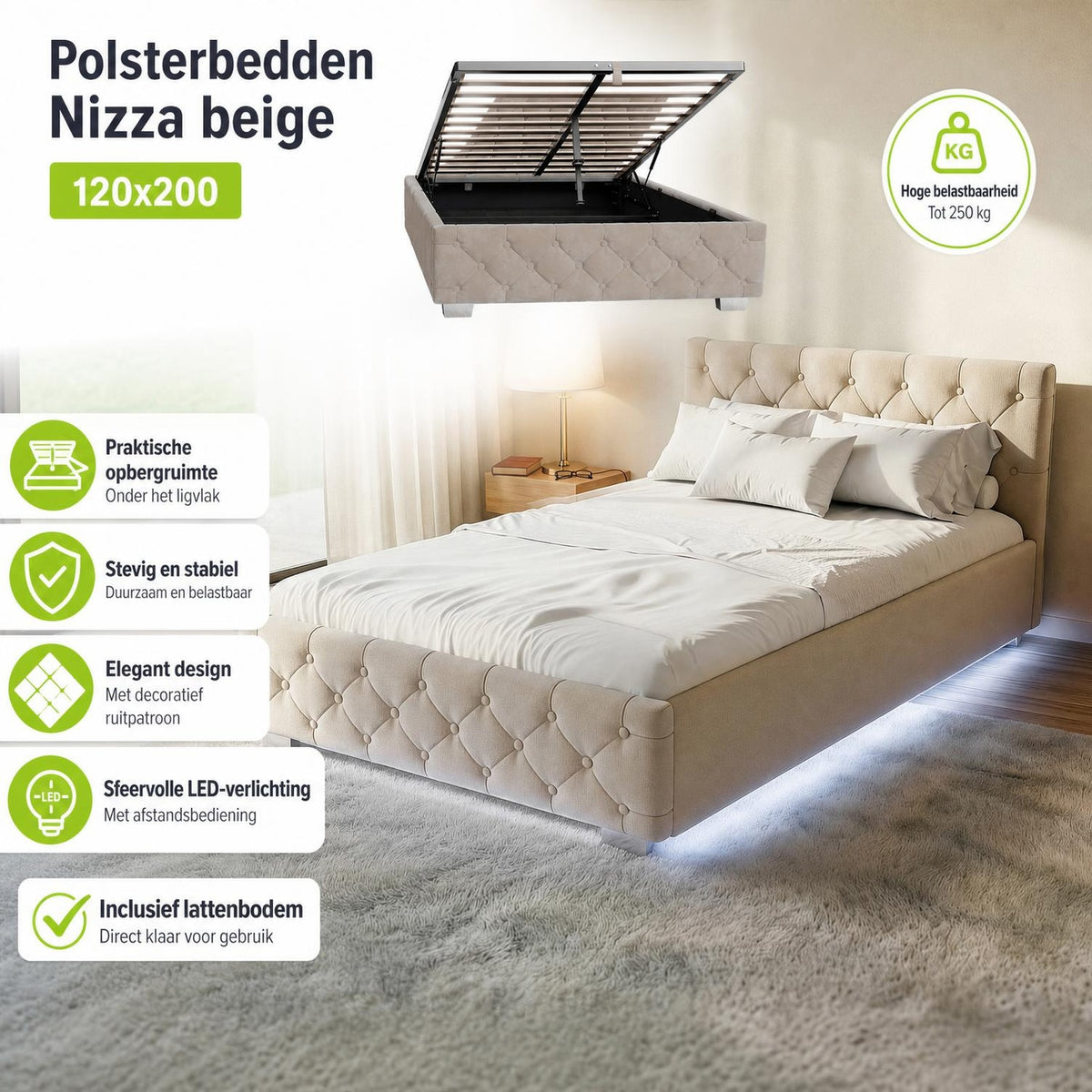 Gestoffeerd bed Nizza 120x200 cm – fluweel met LED en bedlade