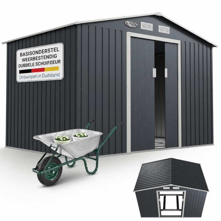 Metalen tuinhuis – verzinkt staal, lessenaarsdak, afsluitbaar