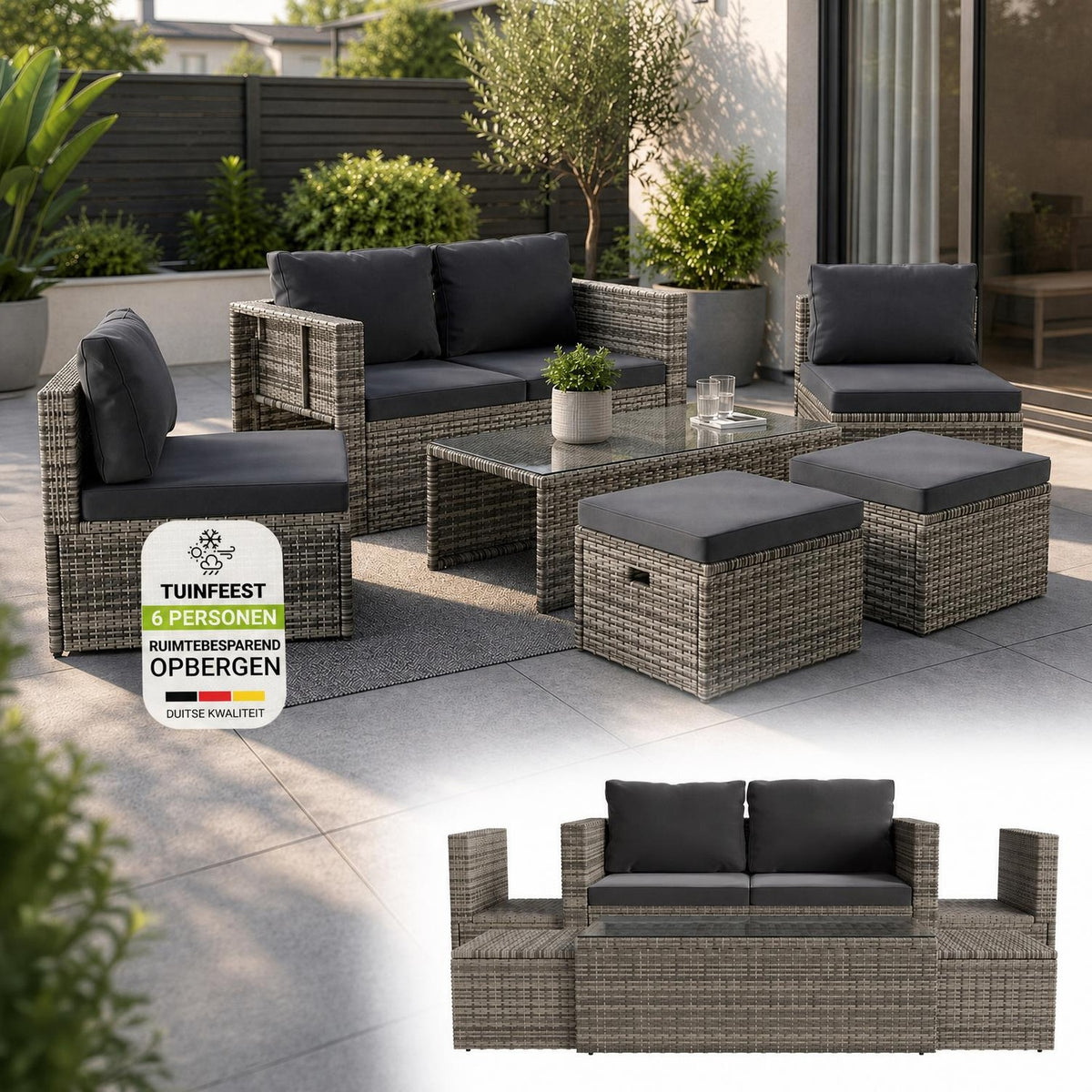 Wicker loungeset Salou – 6 personen, incl. kussens en tafel