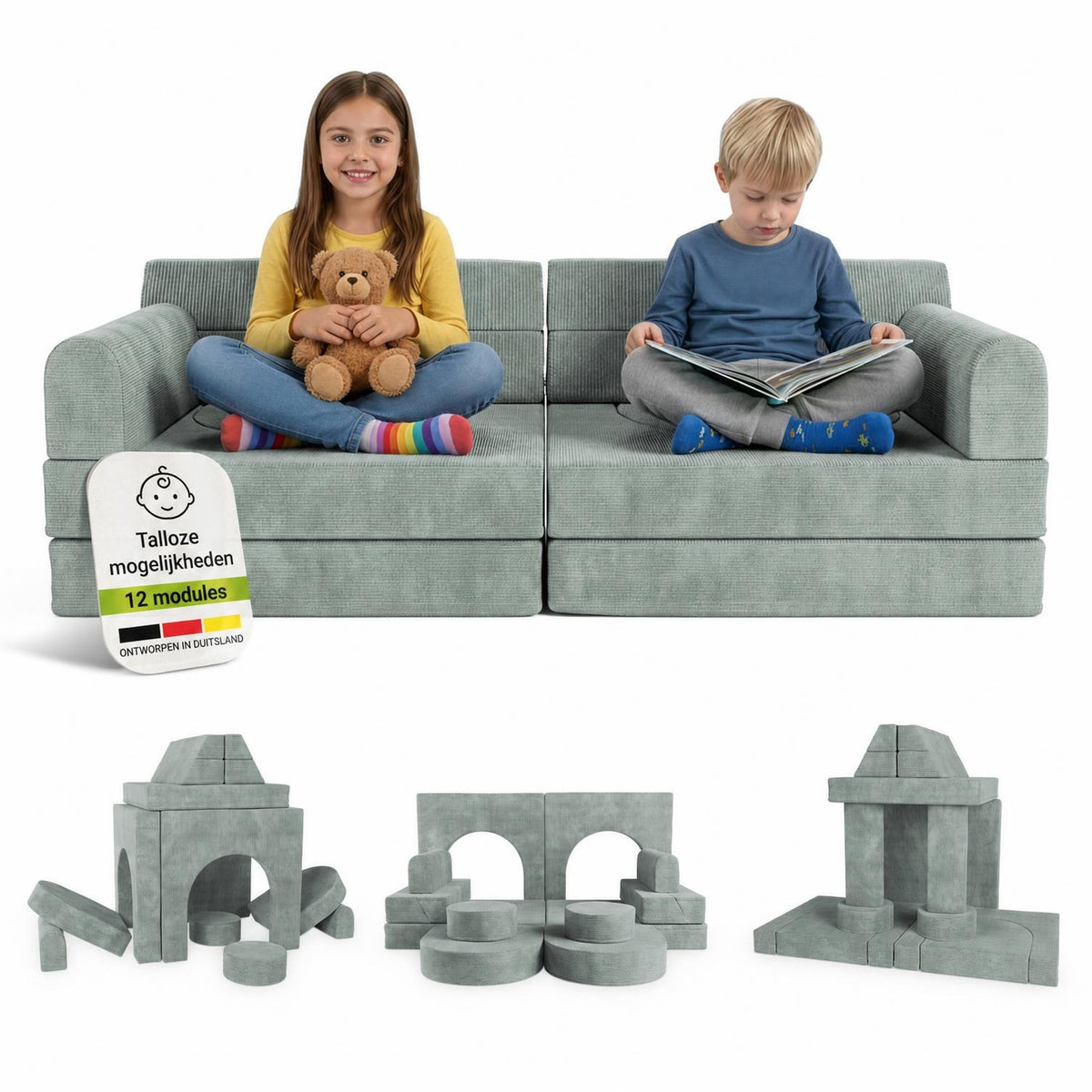 Speelbank Kayo van ribstof – modulair, met kussens, beige
