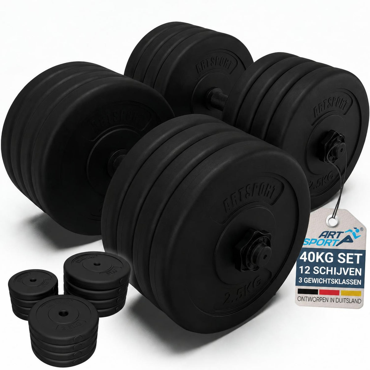 Dumbbellset 40 kg – 2 stangen en 12 gewichtsschijven, verstelbaar