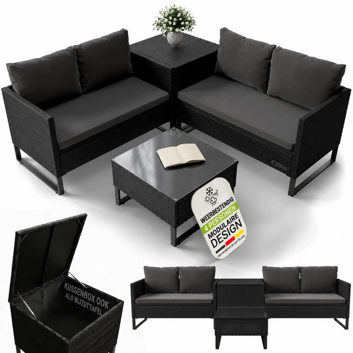 Wicker loungeset Santorini – 4 personen, modulair, kussenbox