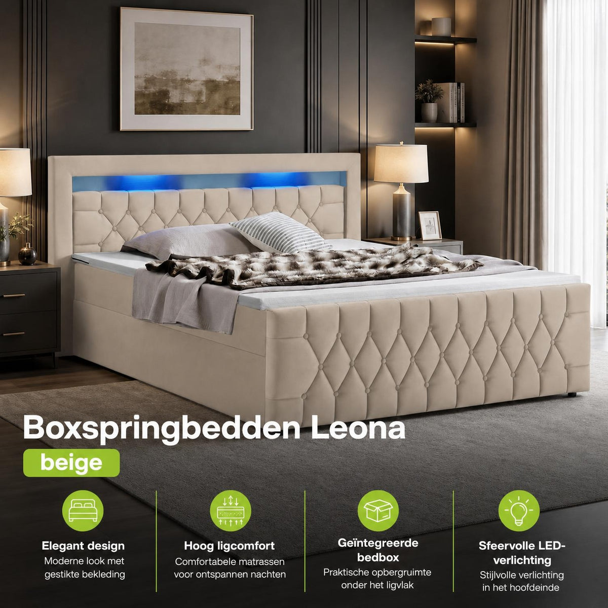 Boxspring Leona – fluweel, H4-binnenvering, topper en ledlicht