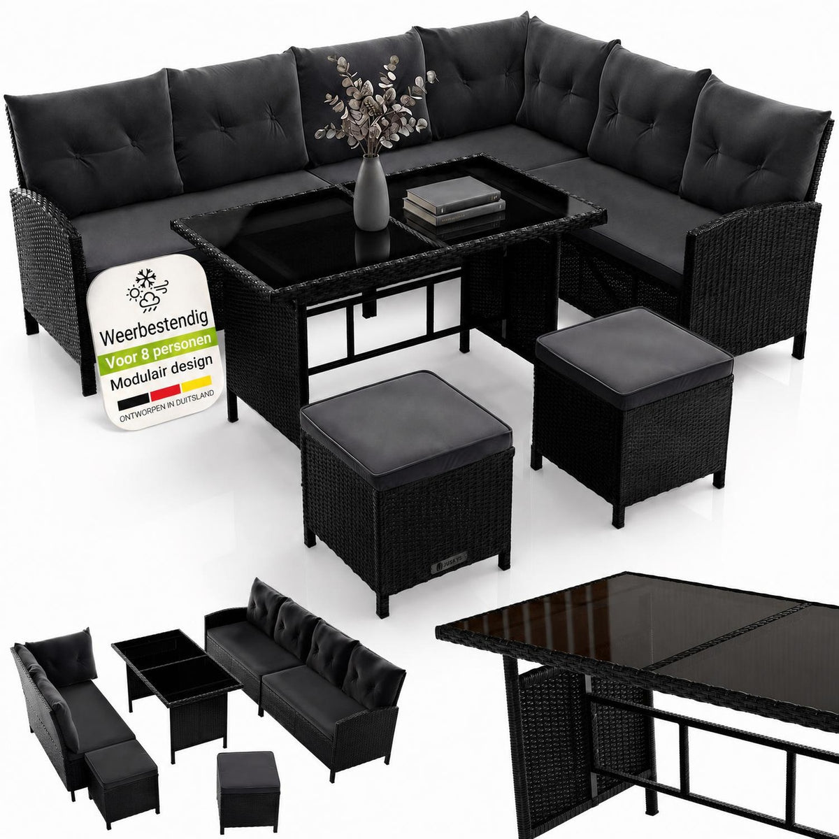 Wicker loungeset Manacor – 8 personen, hoekbank met 2 krukken
