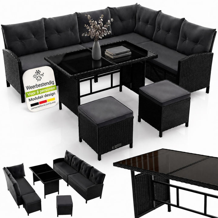 Wicker loungeset Manacor – 8 personen, hoekbank met 2 krukken