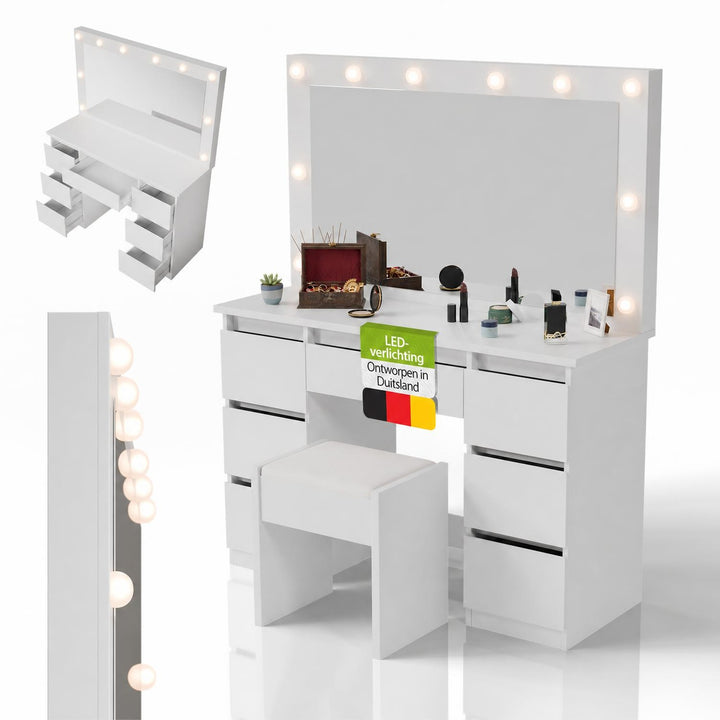 Kaptafel Lilia met LED-spiegel – 7 lades en opbergruimte