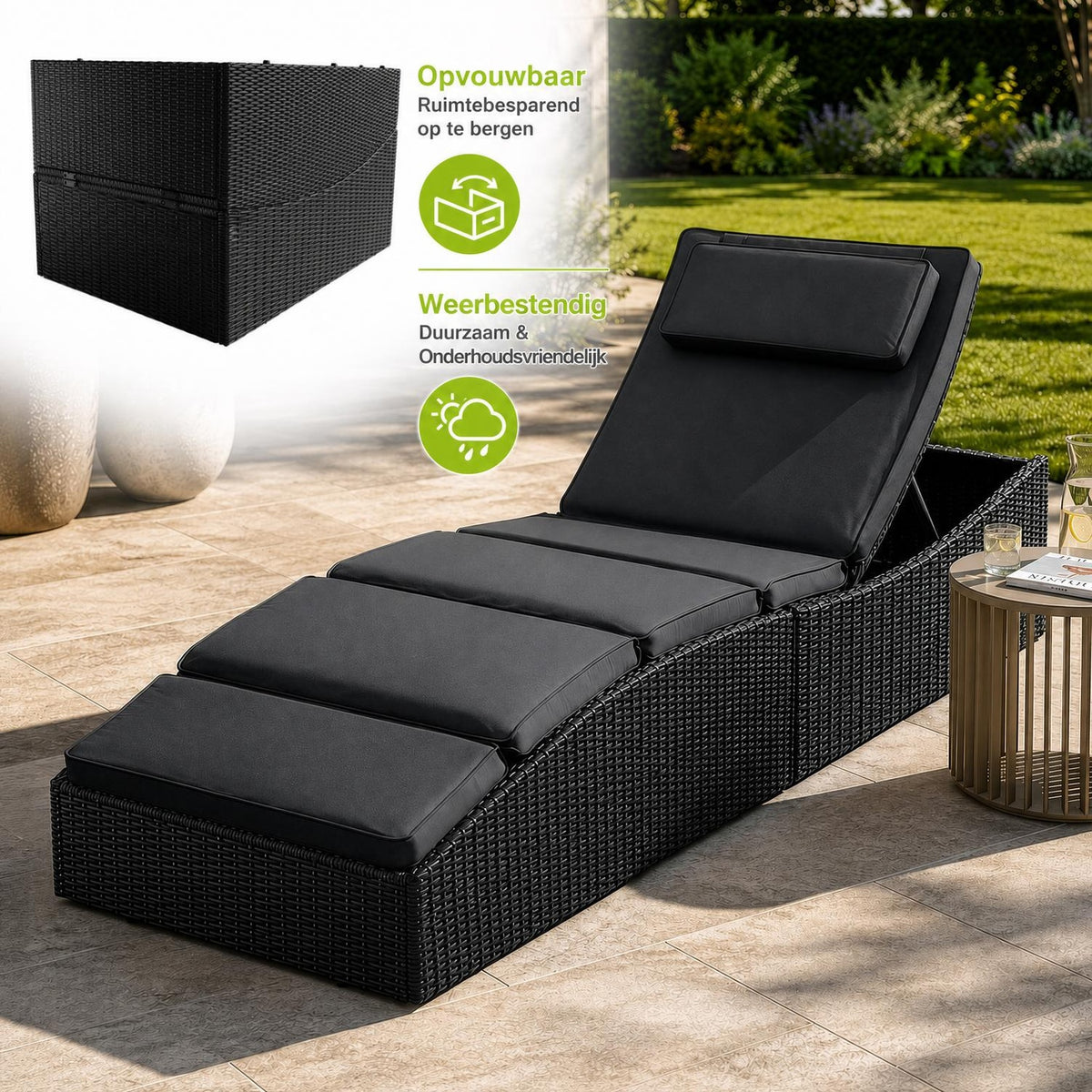 Ligbed Lamia – inklapbaar wicker, verstelbaar hoofdeind