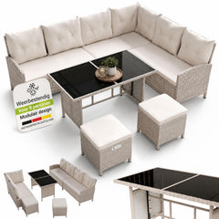 Wicker loungeset Manacor – 8 personen, hoekbank met 2 krukken