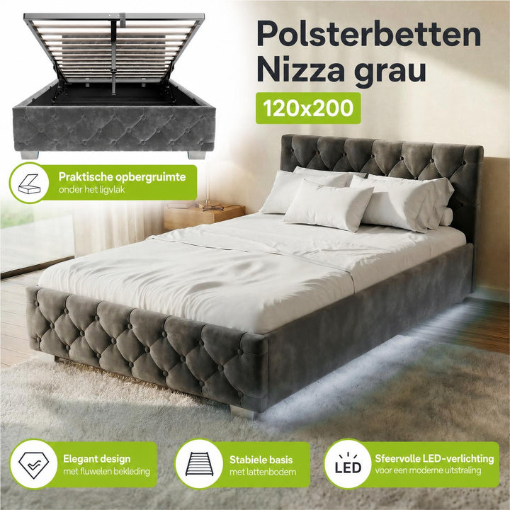 Gestoffeerd bed Nizza 120x200 cm – fluweel met LED en bedlade
