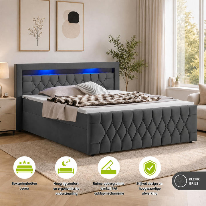 Boxspring Leona – fluweel, H4-binnenvering, topper en ledlicht