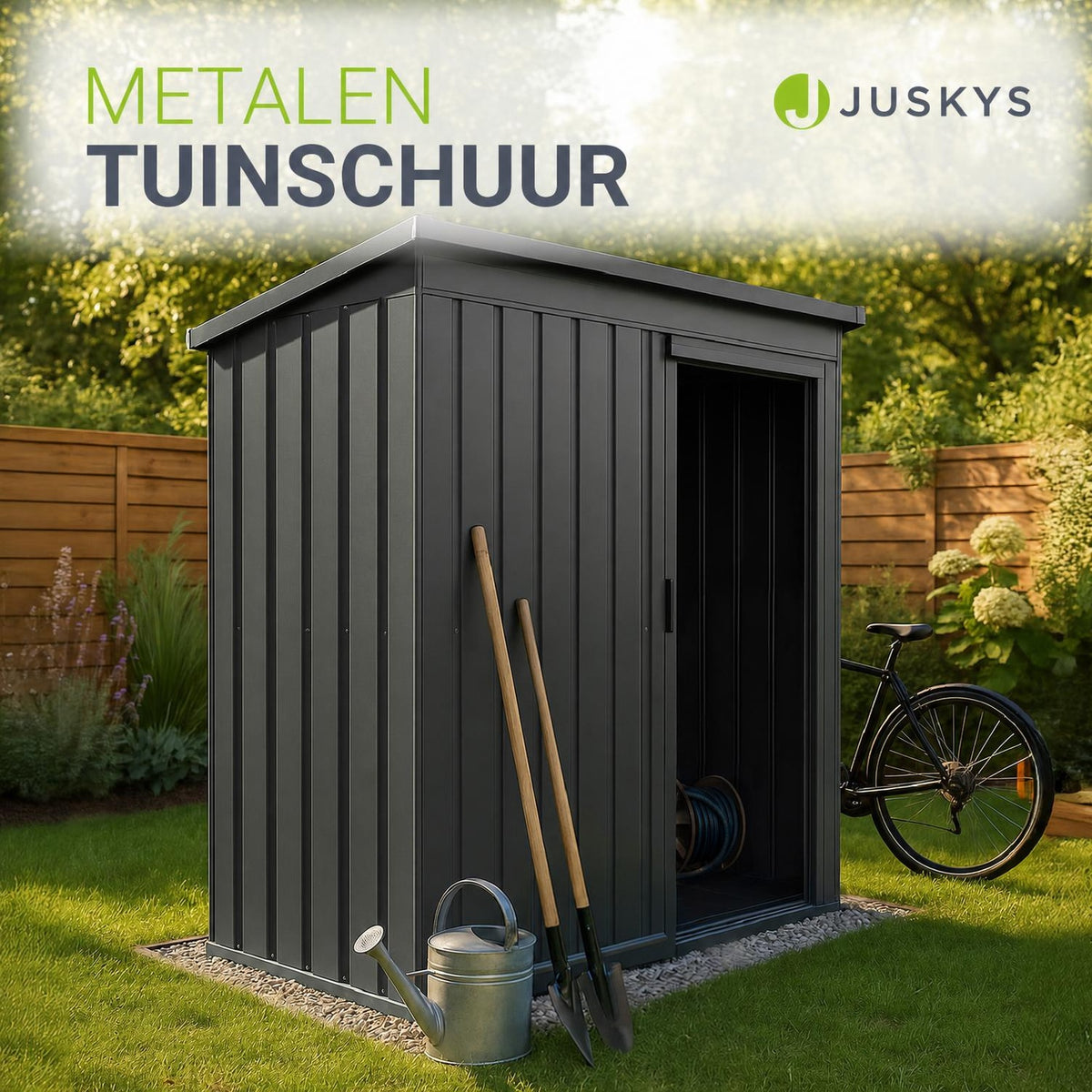 Metalen tuinhuis – verzinkt staal, lessenaarsdak, afsluitbaar