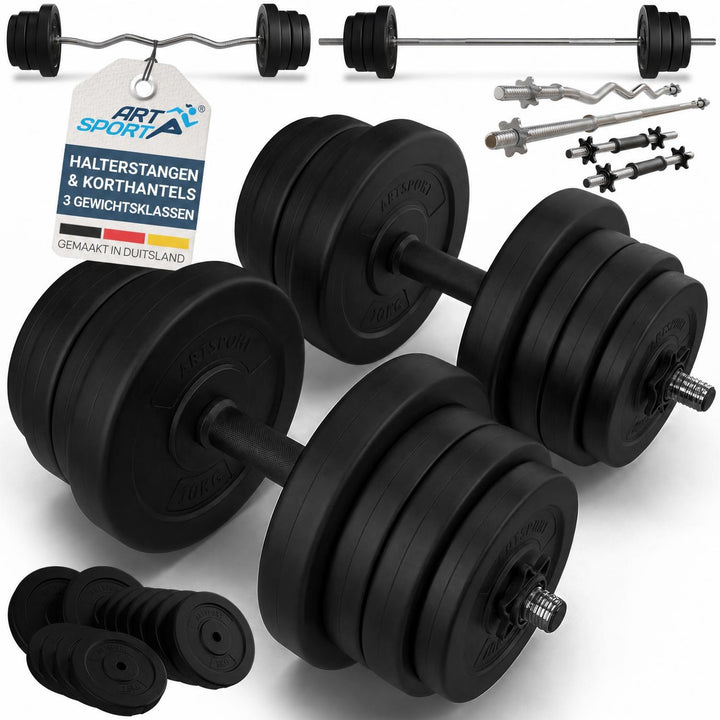 Halterset 3-in-1 60 kg – dumbbells, halterstang en curlstang