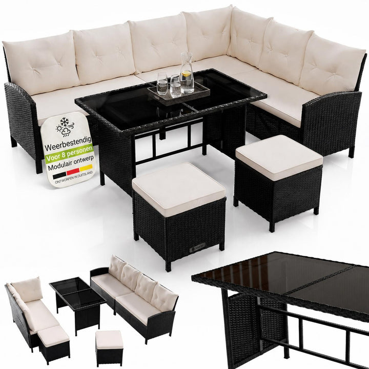 Wicker loungeset Manacor – 8 personen, hoekbank met 2 krukken