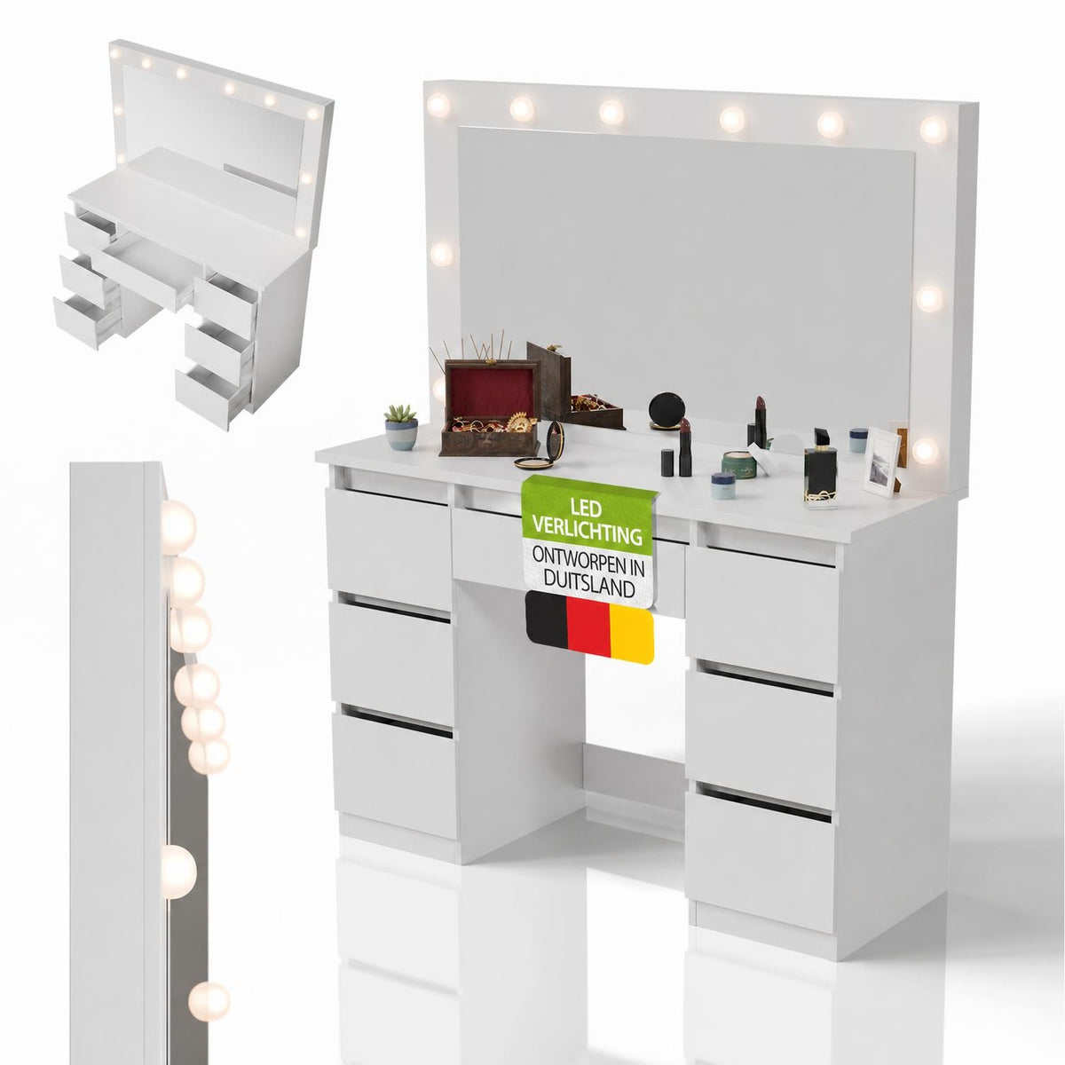 Kaptafel Lilia met LED-spiegel – 7 lades en opbergruimte