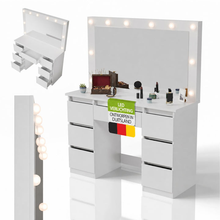 Kaptafel Lilia met LED-spiegel – 7 lades en opbergruimte