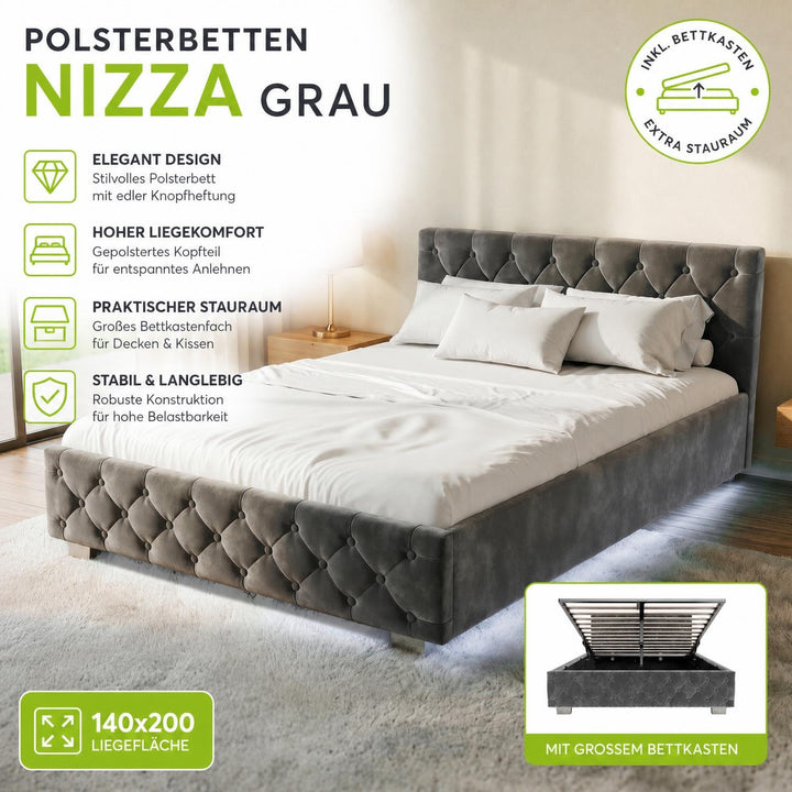 Gestoffeerd bed Nizza 120x200 cm – fluweel met LED en bedlade