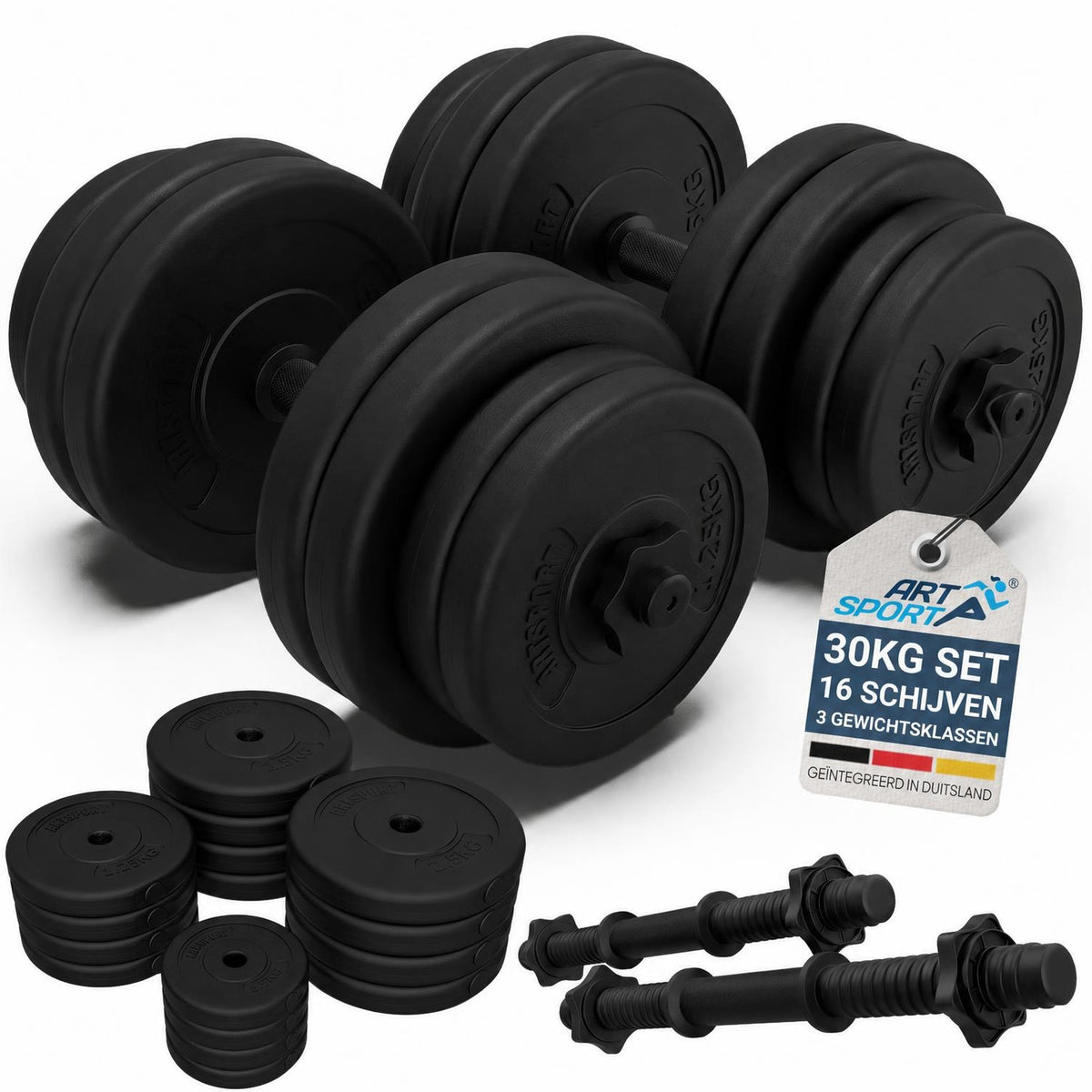 Halterset 30 kg – 2 dumbbellstangen en 16 gewichtsschijven