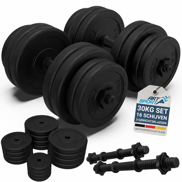 Halterset 30 kg – 2 dumbbellstangen en 16 gewichtsschijven