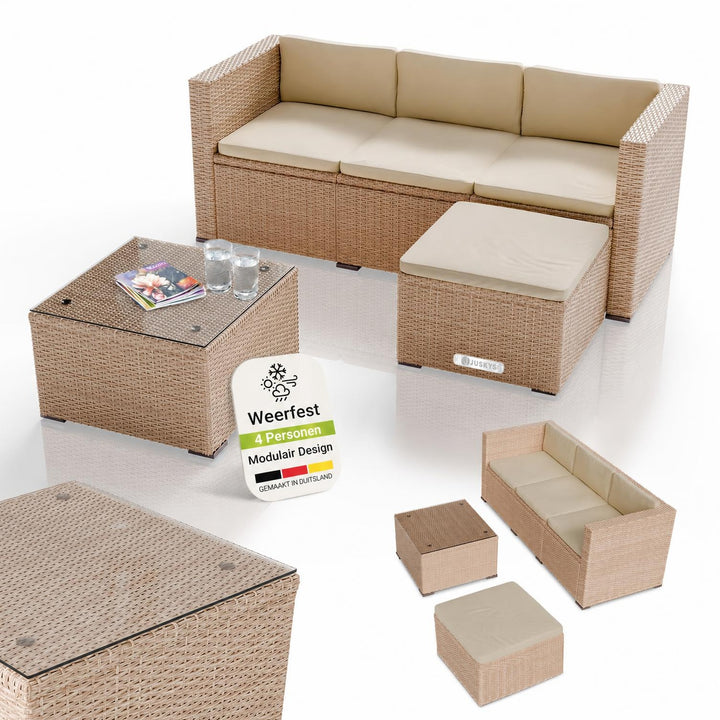 Wicker loungeset Punta Cana – 3 personen, bank met glazen tafel