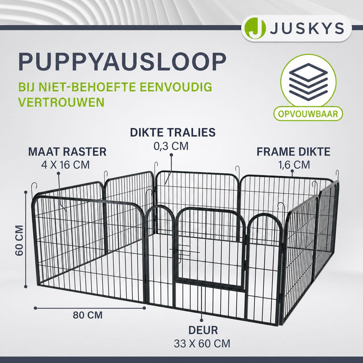Puppyren van metaal 160x160x60 cm – 8 panelen met deur