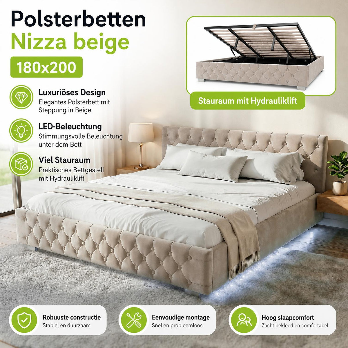 Gestoffeerd bed Nizza 120x200 cm – fluweel met LED en bedlade