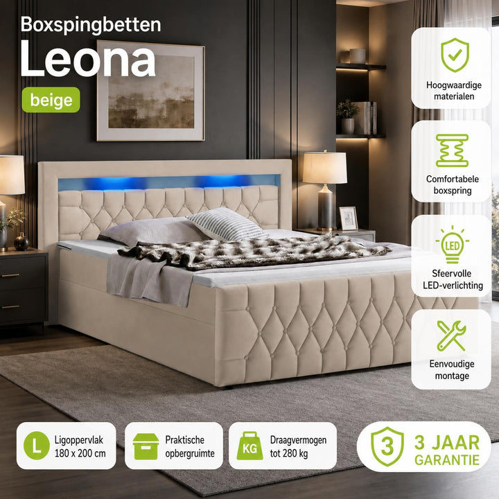 Boxspring Leona – fluweel, H4-binnenvering, topper en ledlicht