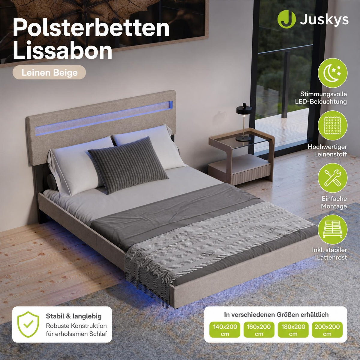 Zwevend bed Lissabon 140x200 cm – kunstleerlook met LED