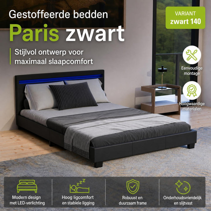 Gestoffeerd bed Paris 140x200 cm – wit, met LED en lattenbodem