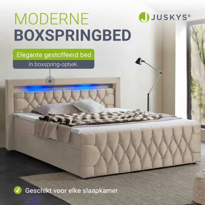 Boxspring Leona – fluweel, H4-binnenvering, topper en ledlicht