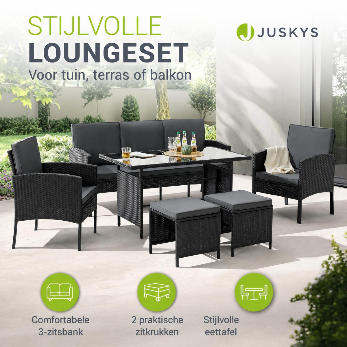 Wicker tuinset Turin – 6-delig voor 7 personen, incl. kussens