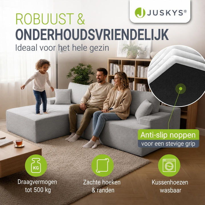 Hoekbank Coredo van ribstof – met ottomane en sierkussens