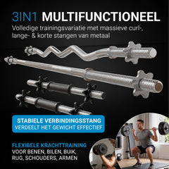 Halterset 3-in-1 60 kg – dumbbells, halterstang en curlstang