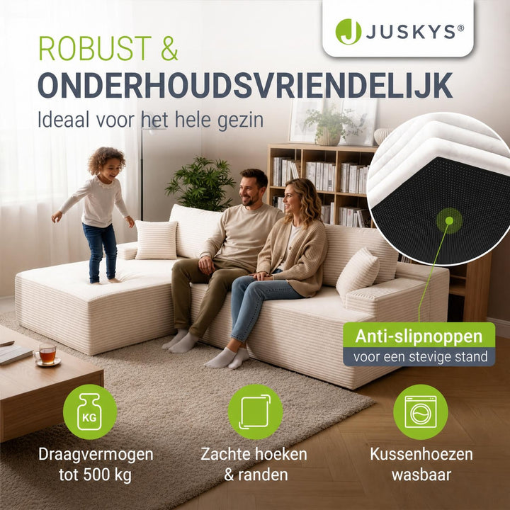 Hoekbank Coredo van ribstof – met ottomane en sierkussens