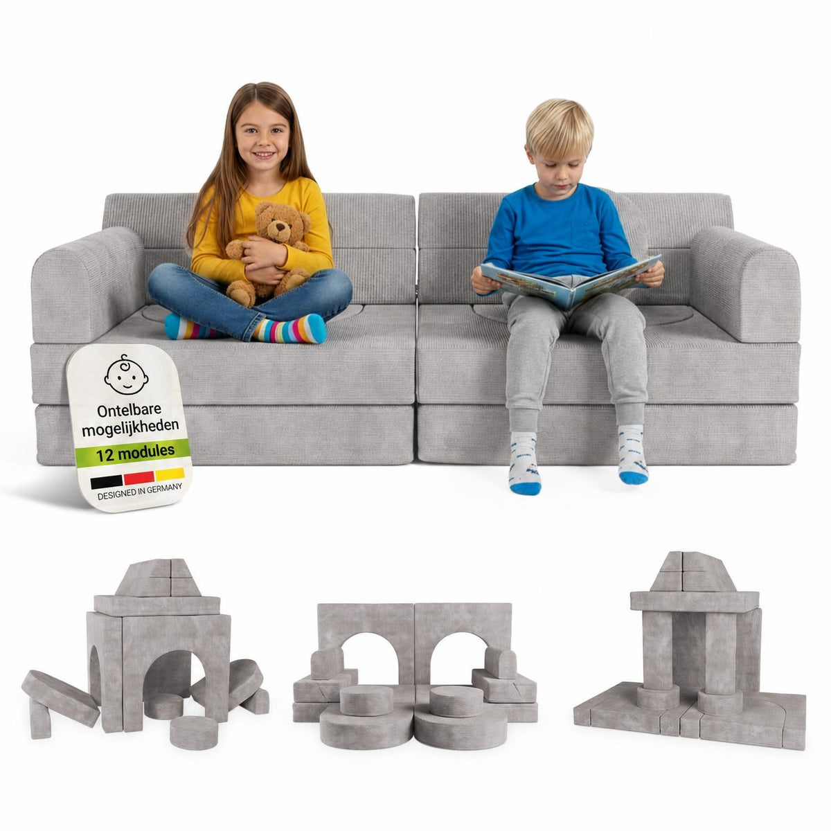Speelbank Kayo van ribstof – modulair, met kussens, beige