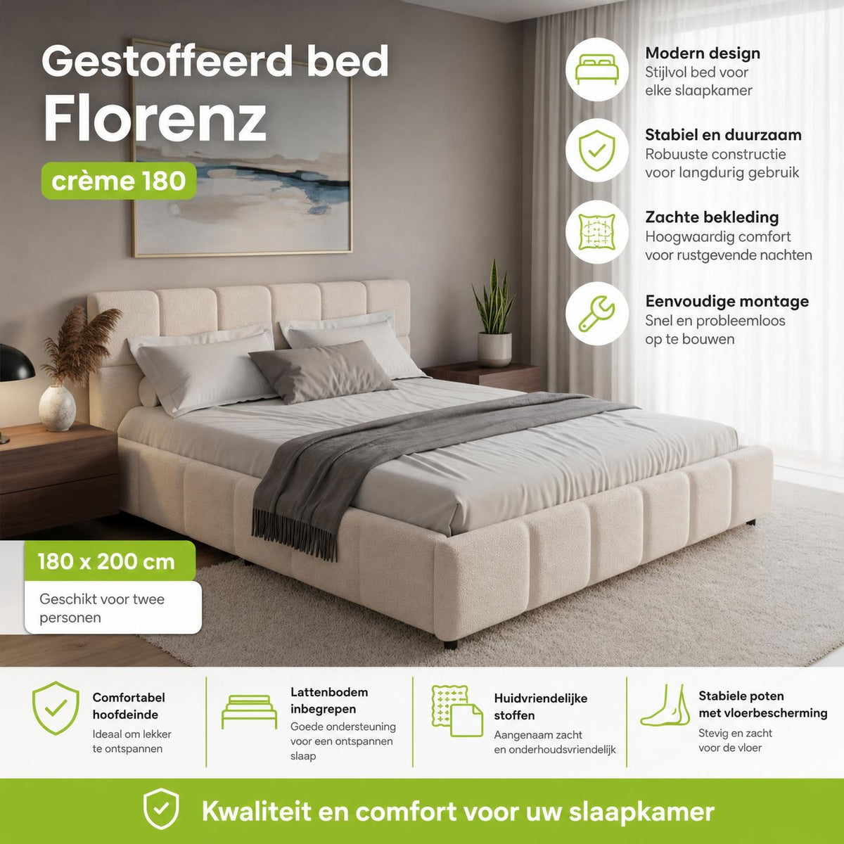 Gestoffeerd bed Florenz 180x200 cm – bouclé, tot 500 kg