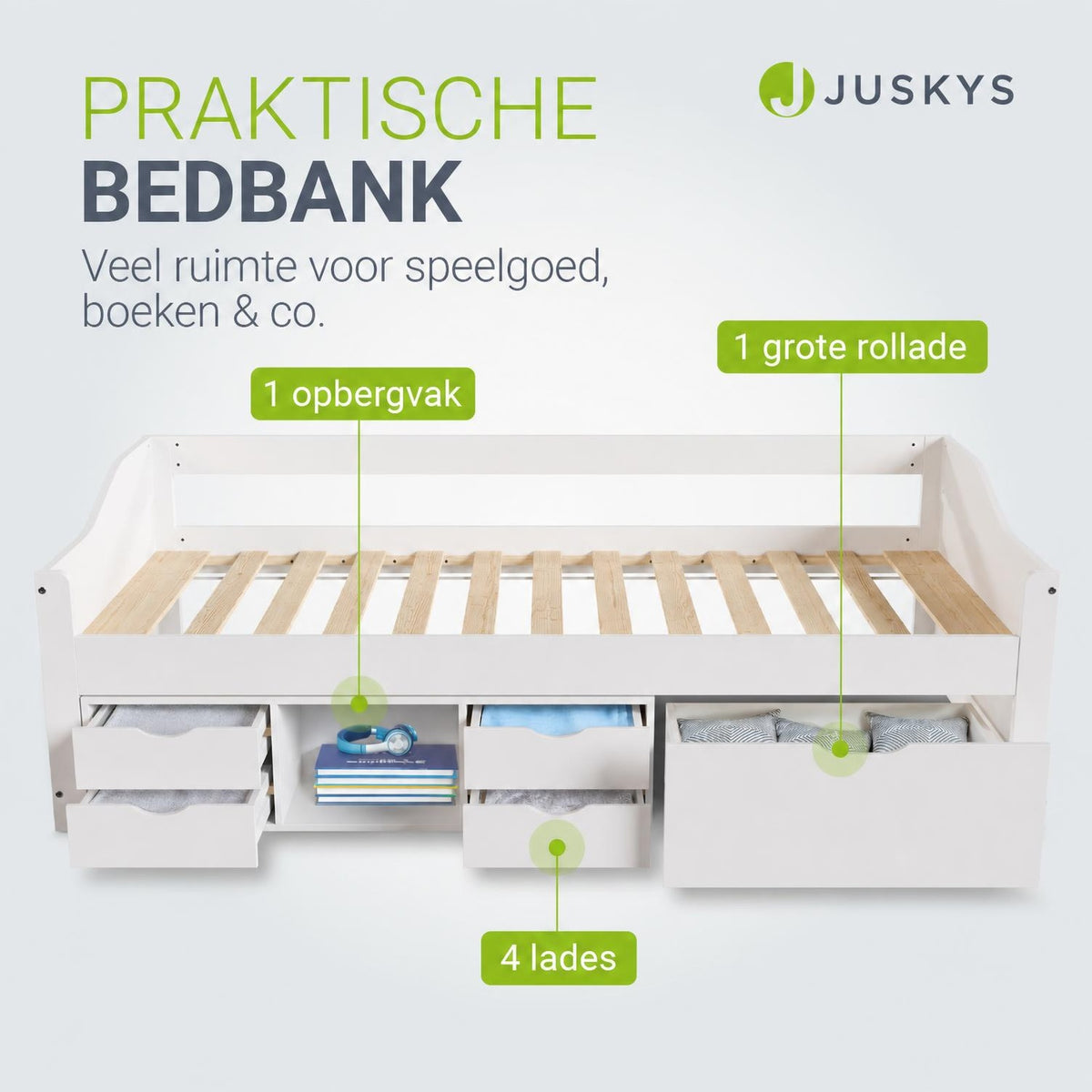 Opbergbed Nalu – 90x200 cm, 5 lades en lattenbodem