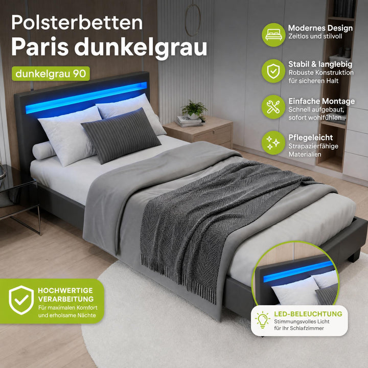 Gestoffeerd bed Paris 140x200 cm – wit, met LED en lattenbodem