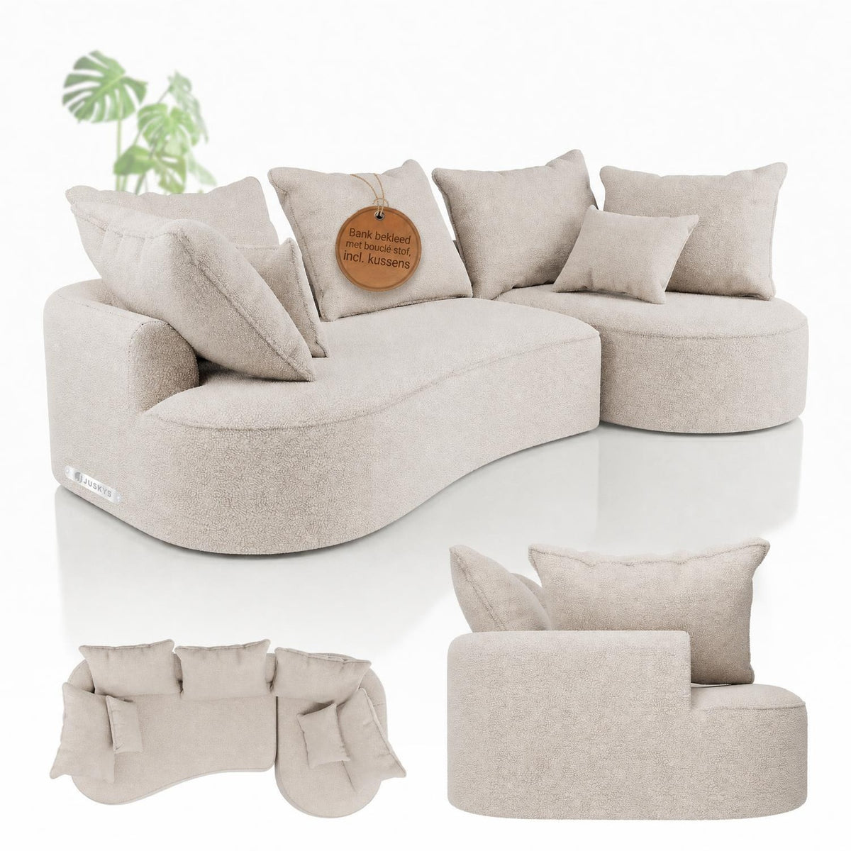 Hoekbank Tirano van bouclé – met ottomane en sierkussens